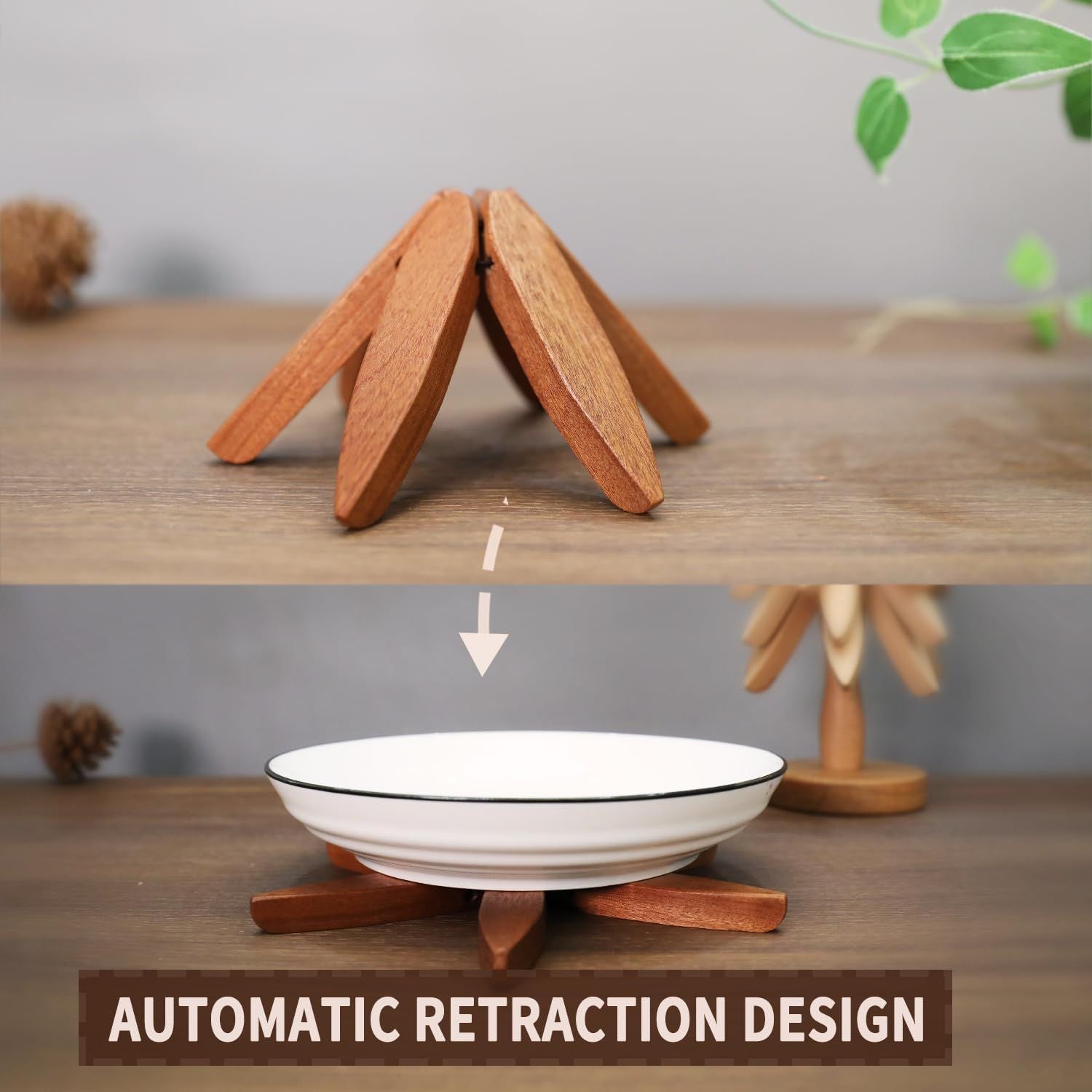 New Set of 4 Kitchen Table Decor Foldable Wooden Trivets for Hot Pots and Pans,Tree Shape Trivets walnut V1192-AZ-W-2552