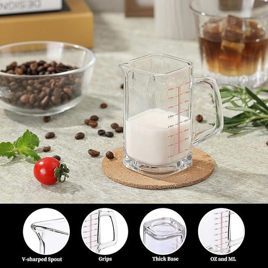 Shot Glass Measuring Cup, 4 OZ Espresso Measuring Glass with Handle and V-Shaped Spout, Small Measuring Cup V1192-AZ-W-2555