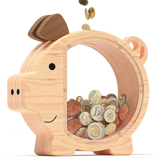 Wooden Piggy Bank for Kids Cute Money Bank for Boys and Girls Clear Wood Money Box Personalized Saving Money V1192-AZ-W-2619