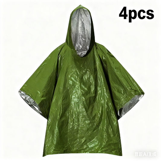 4pcs Emergency Poncho and Mylar Blanket Liner - Waterproof, Wind-Resistant Outdoor Rain Poncho for Camping, V1192-AZ-W-2660