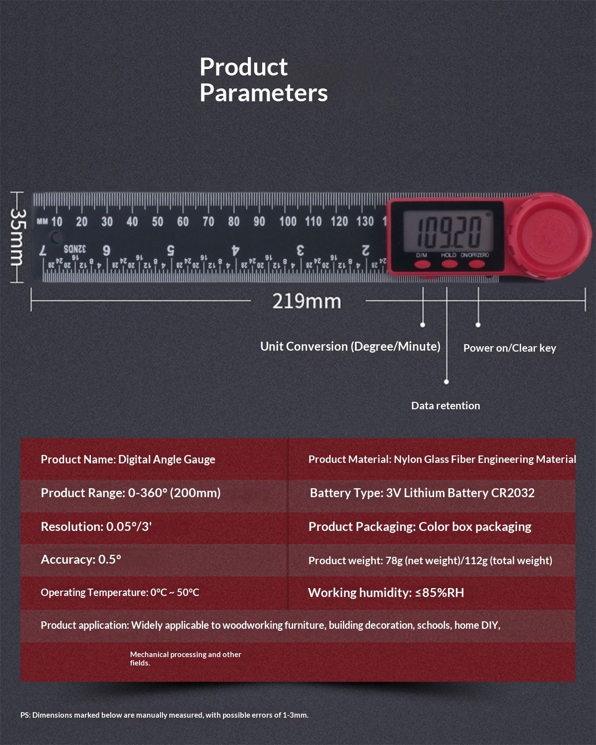 Digital Angle Finder Protractor Third Generation Protractor Angle Finder, Digital Angle Ruler with V1192-AZ-W-2779