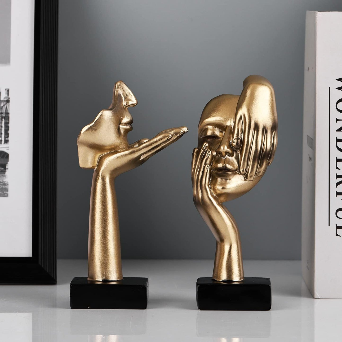 2Pcs Small Statue Set - Black Gold Home Decor Abstract Art Figurines for Shelves, Living Room Coffee Table, V1192-AZ-W-2797