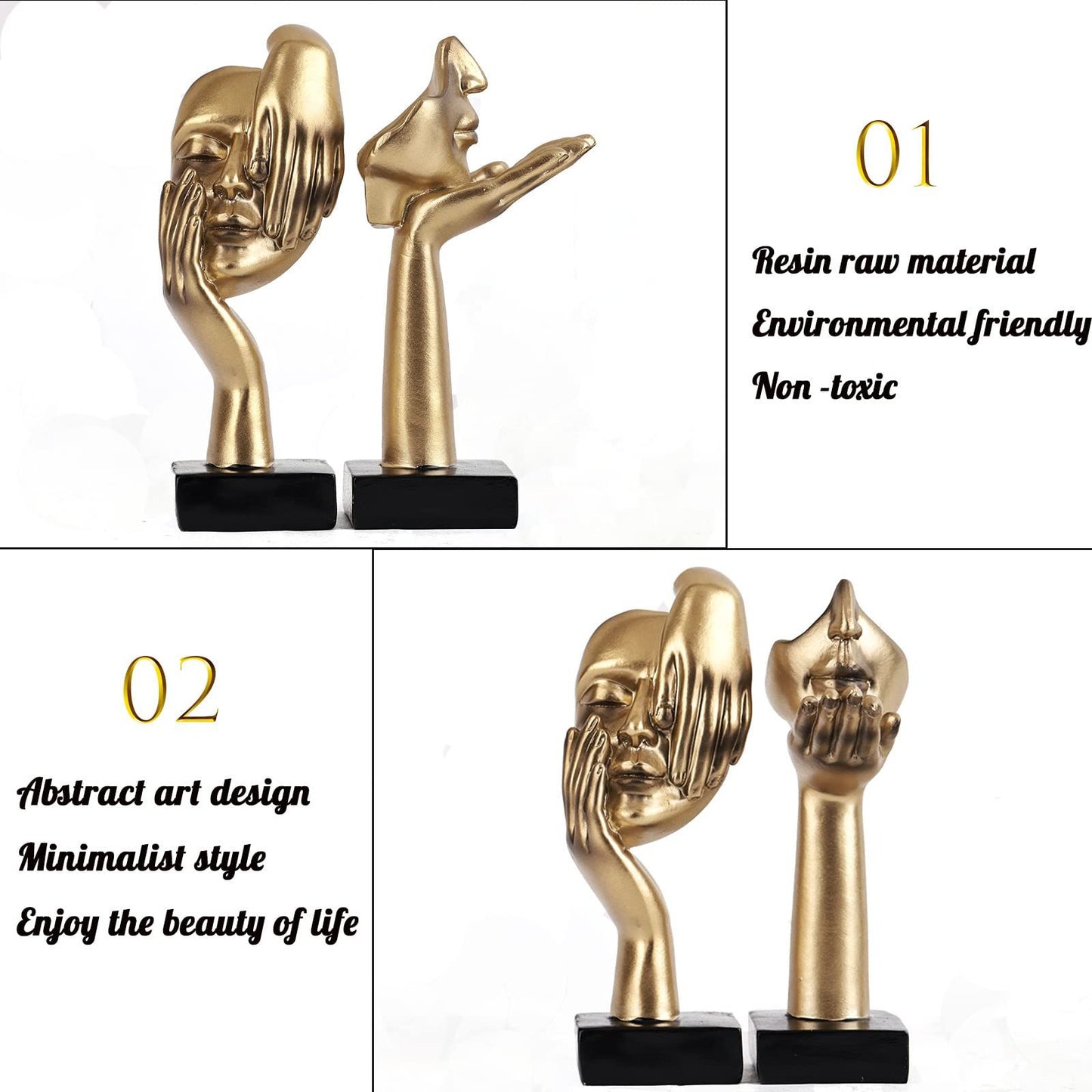 2Pcs Small Statue Set - Black Gold Home Decor Abstract Art Figurines for Shelves, Living Room Coffee Table, V1192-AZ-W-2797