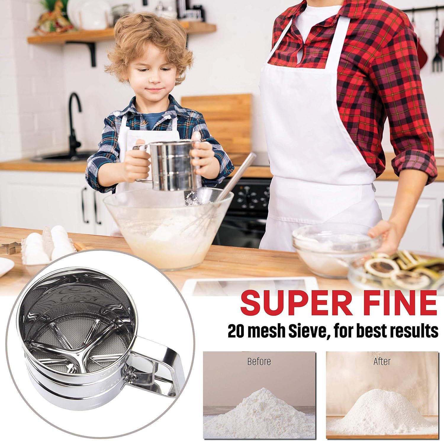 2.5 Cup Flour Sifter, Semi Automatic Small Baking Sieve, Stainless Steel, Fine Mesh Sieve Flour Duster V1192-AZ-W-2805