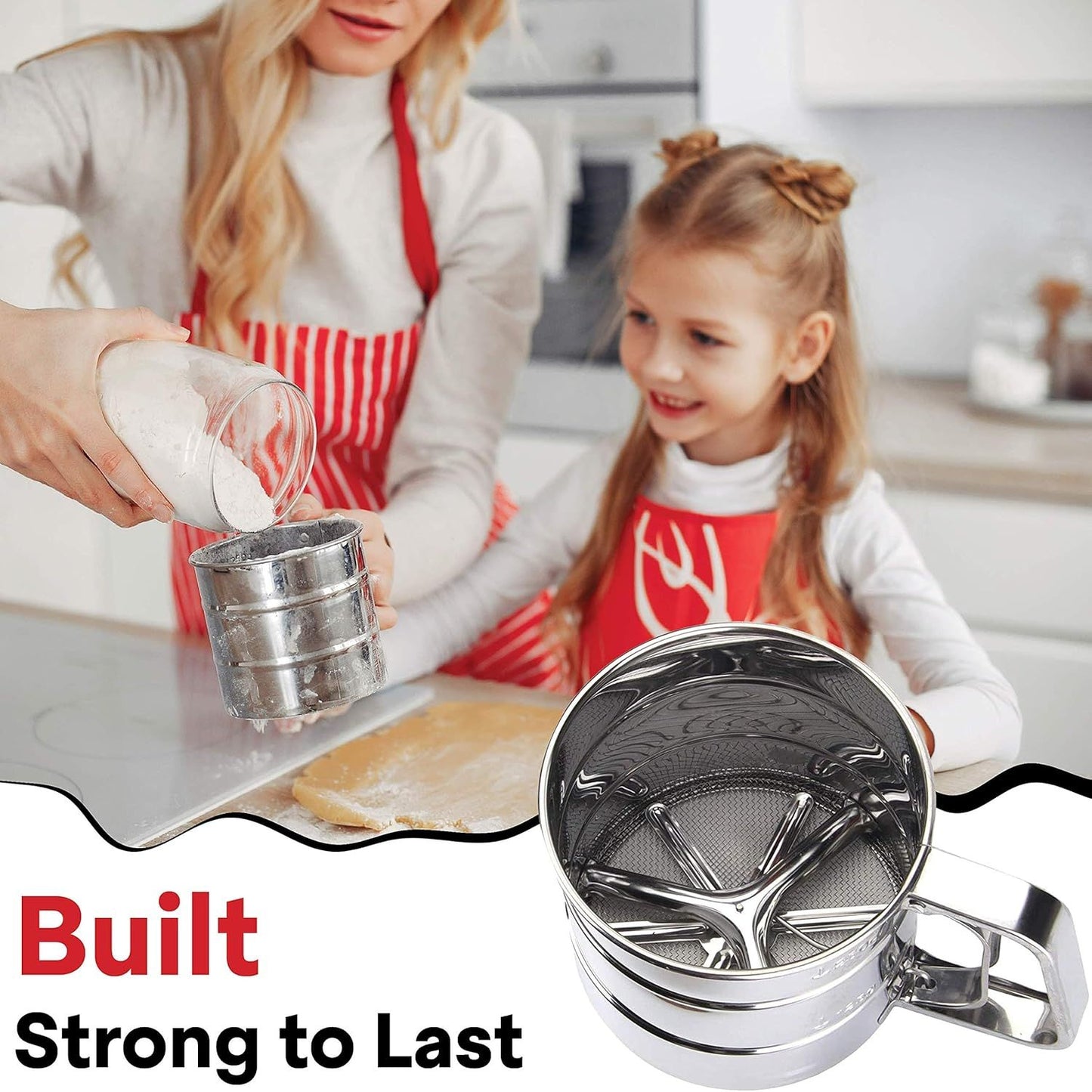 2.5 Cup Flour Sifter, Semi Automatic Small Baking Sieve, Stainless Steel, Fine Mesh Sieve Flour Duster V1192-AZ-W-2805