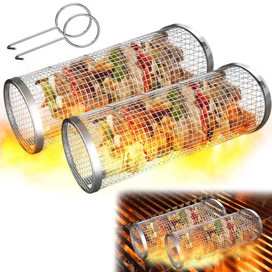 2PCS Rolling Grill Baskets for Outdoor Grill, Egg Accessories-Set Includes Fork, Hook, and Oil Brush-304g V1192-AZ-W-2806