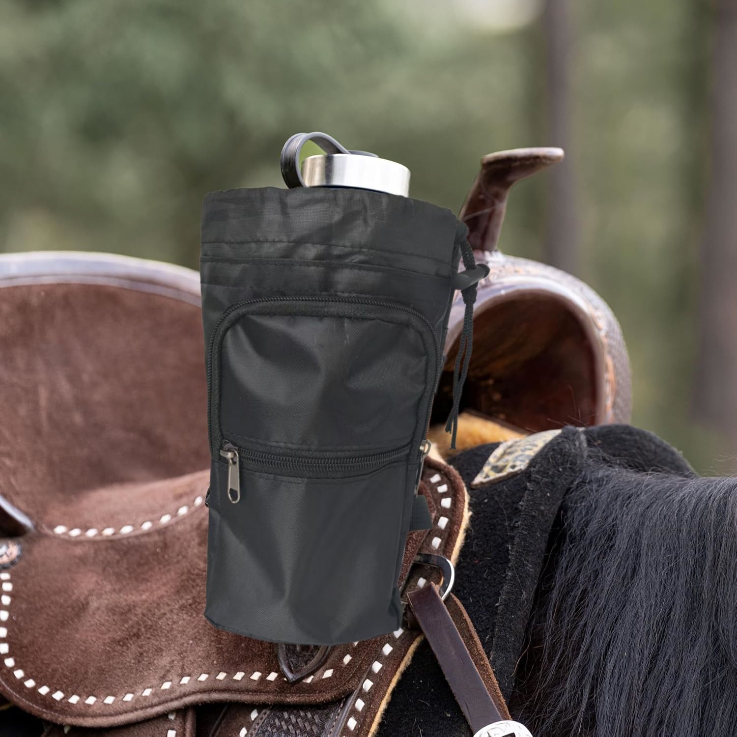 Saddle Water Bottle Holder with Pocket, Saddlebags for Horses with Adjustable Strap, Horse Riding Accessory, V1192-AZ-W-2828