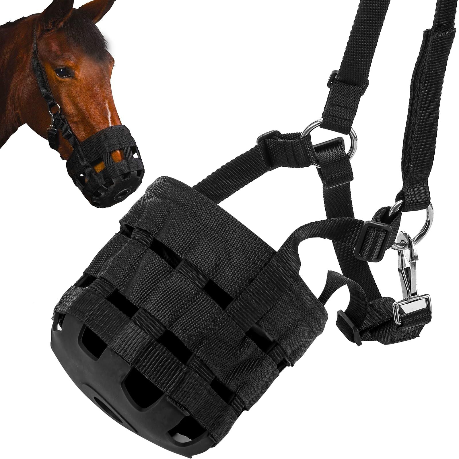 Durable Ventilated Grazing Muzzle with Attached Breakaway Halter - Lightweight Horse Muzzle, Supports Natural V1192-AZ-W-2873