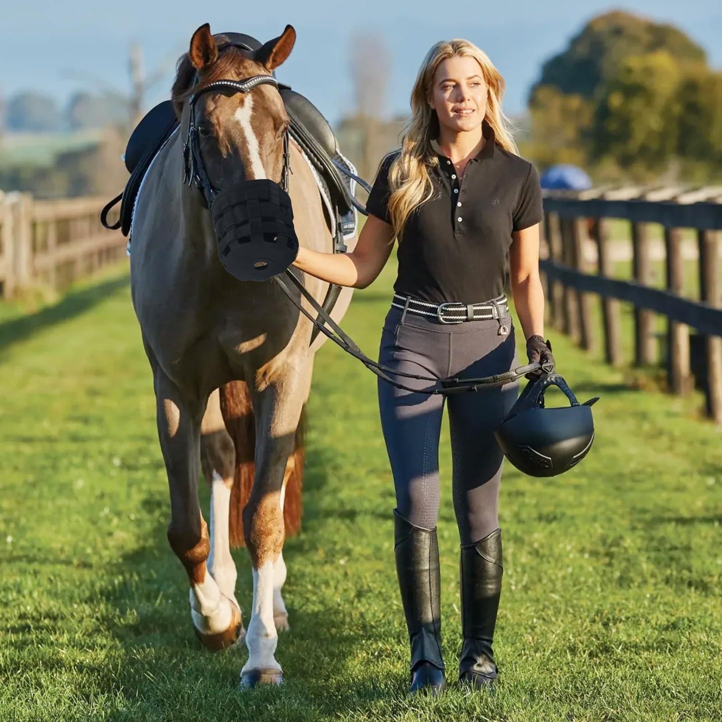 Durable Ventilated Grazing Muzzle with Attached Breakaway Halter - Lightweight Horse Muzzle, Supports Natural V1192-AZ-W-2873