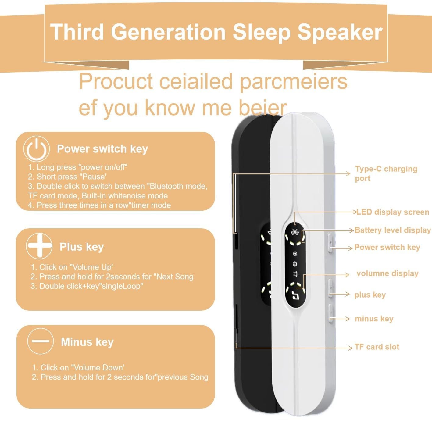 Pillow Speakers for Sleeping,Portable Bluetooth Speaker with Bone Conduction, 10 White Noises, Display, V1192-AZ-W-2903