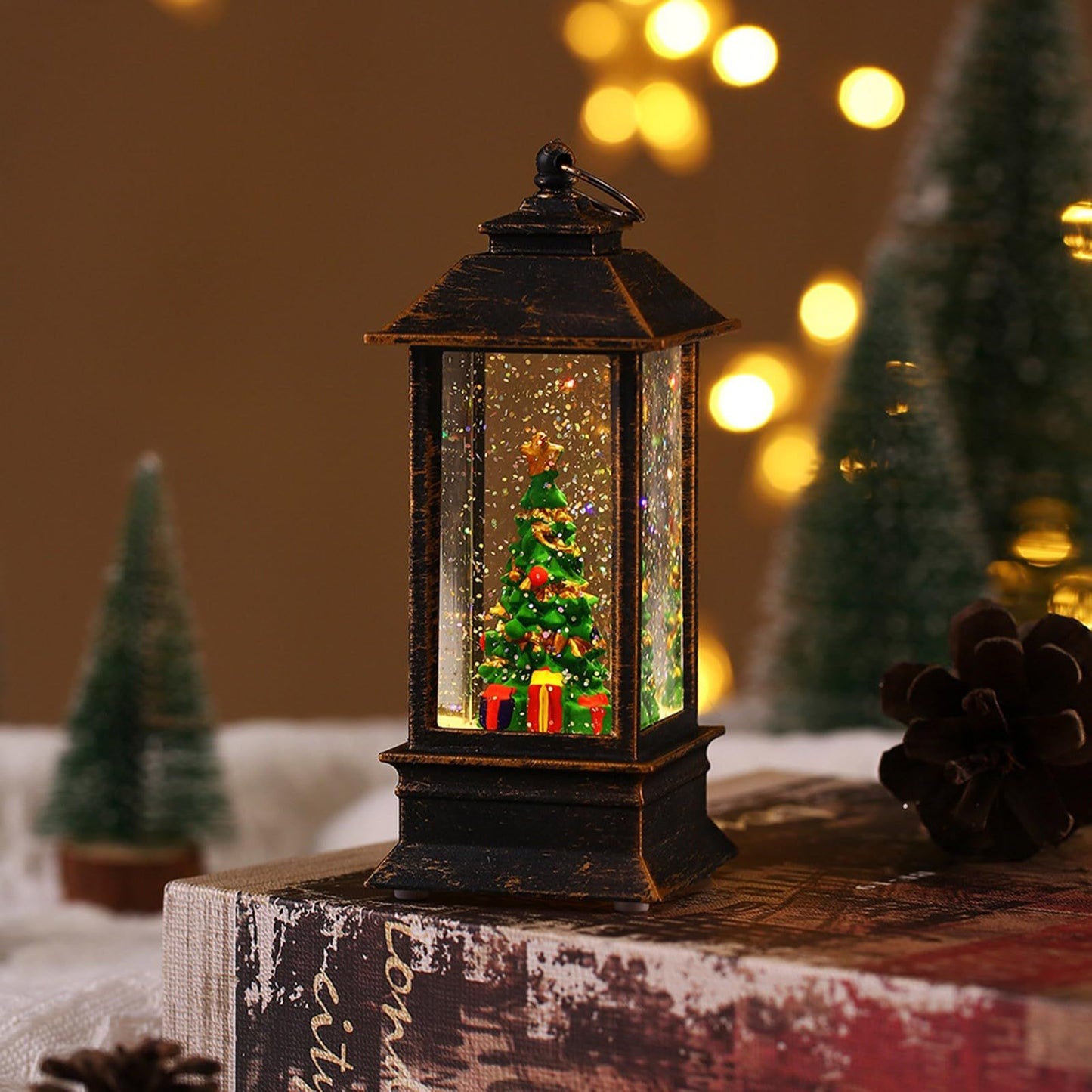Snow Globe Christmas Lantern Decorations, Snow Globe Lantern with Swirling Glitter, Christmas Tree Lighted V1192-AZ-W-2907