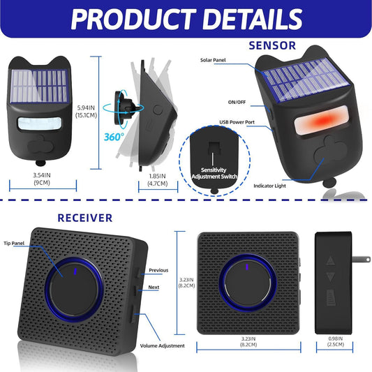 Solar Wireless Driveway Alarm Outdoor Weather-Resistant Motion Sensor Detector Doorbell Chime, DIY Security V1192-AZ-W-2923