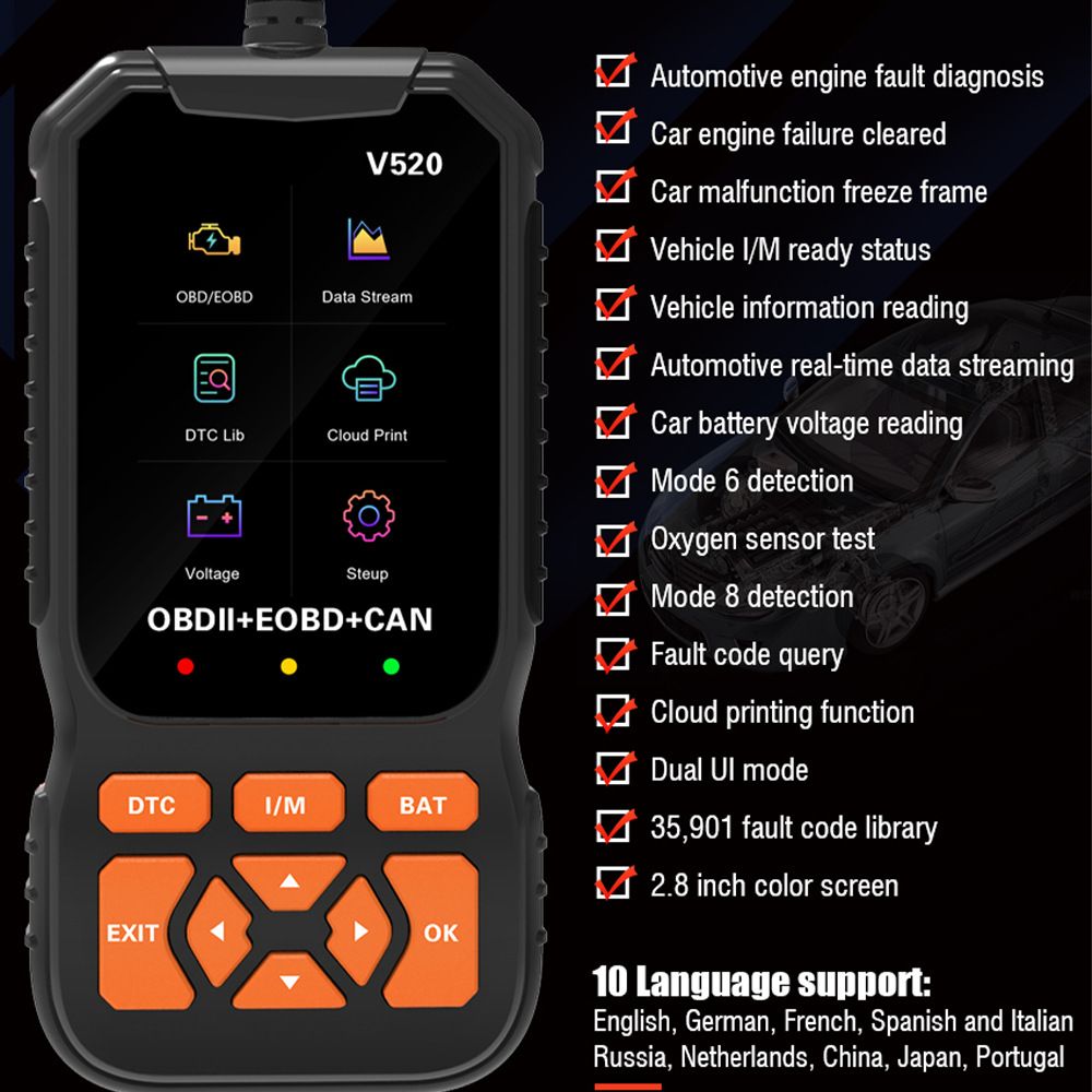 Professional OBD2 Car Scanner Diagnostic Tool, Enhanced V520 Vehicle OBDII/EOBD Check Engine with Read/Erase V1192-AZ-W-2924