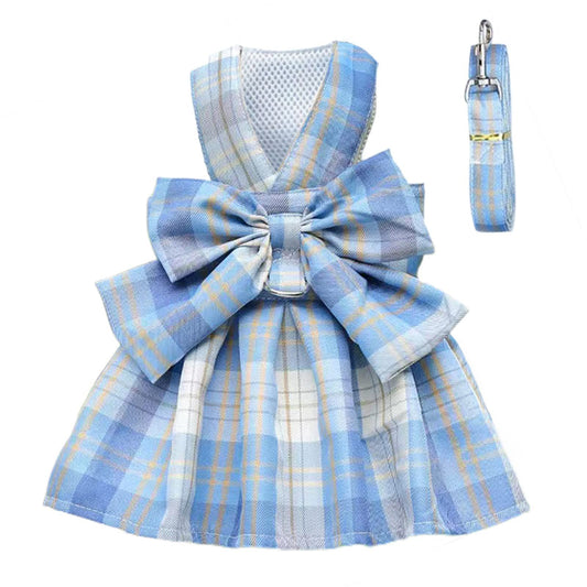 Dog Harness and Leash Set, Cute Bow Tie Plaid Harnesses for Puppy Cat, Adjustable Pet Kitties Vest, V1192-AZ-W-2965