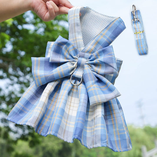 Dog Harness and Leash Set, Cute Bow Tie Plaid Harnesses for Puppy Cat, Adjustable Pet Kitties Vest, V1192-AZ-W-2965