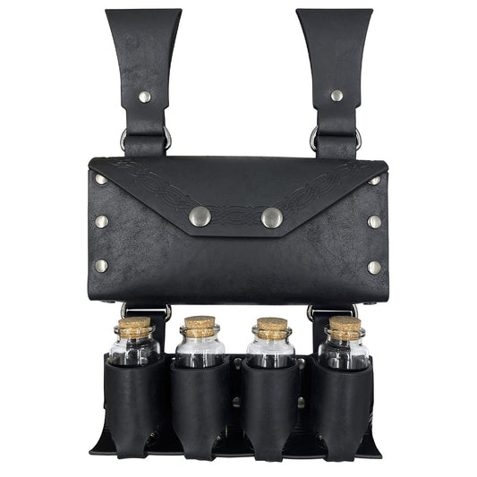 Medieval Alchemy Belt Bag with 4 Cork Potion Vials, Fantasy Wizard Waist Pouch Side Pack with Glass Vials V1192-AZ-W-2966