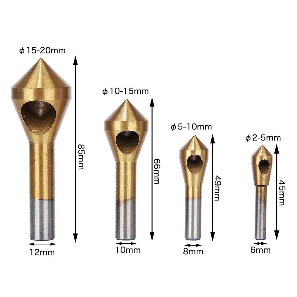 4pcs Titanium Coated Countersink Chamfer Tool Deburring Tool Set Metal Wood Drill Bits 2-5mm 5-10mm 10-15mm V1192-AZ-W-2981