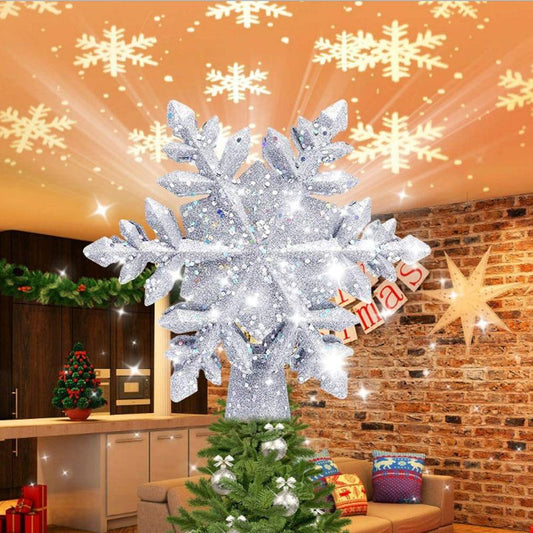 Christmas Tree Topper Lighted with Built-in Led Rotating Snowflake Projector Lights, Hollowed Tree Topper V1192-AZ-W-3001