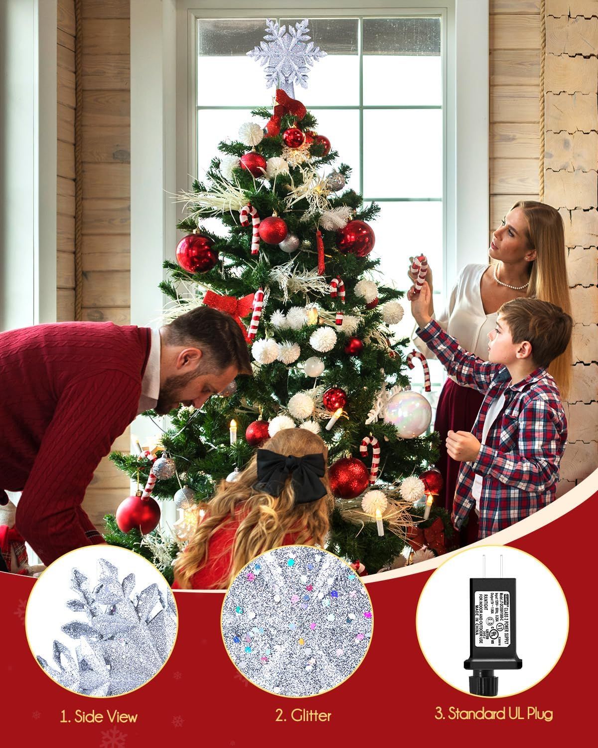 Christmas Tree Topper Lighted with Built-in Led Rotating Snowflake Projector Lights, Hollowed Tree Topper V1192-AZ-W-3001