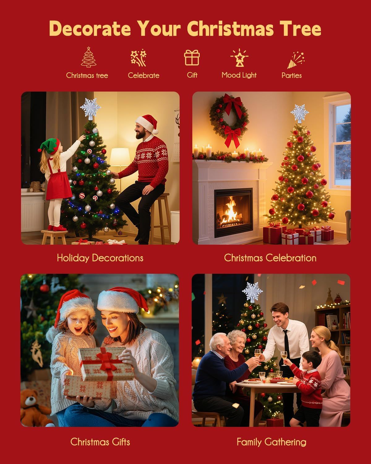 Christmas Tree Topper Lighted with Built-in Led Rotating Snowflake Projector Lights, Hollowed Tree Topper V1192-AZ-W-3001