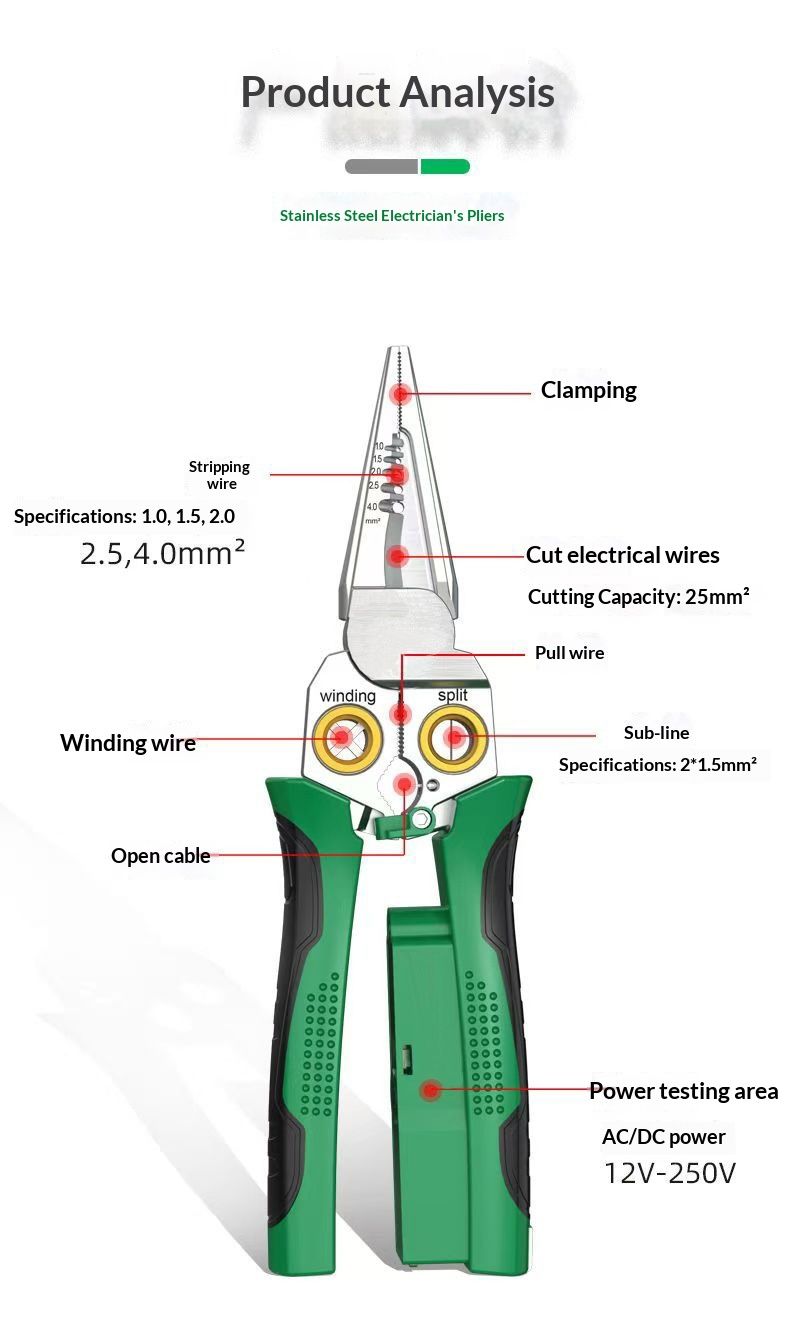 8 in 1 Wire Stripper with Voltage Tester, 8 in 1 wire stripping pliers, Multi-function Electric Wire V1192-AZ-W-3010