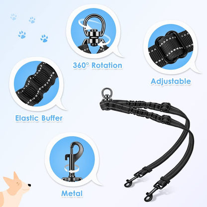 Dual dog leash, tangle free dual dog design 360 degrees rotating, reflective walking training guidance, V1192-AZ-W-3032
