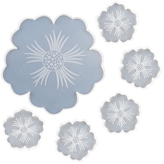 Silicone Resin Molds, 1PCS Large Resin Tray Mold and 5PCS Coaster Molds for Resin Casting, Flower Shape Epoxy V1192-AZ-W-3058
