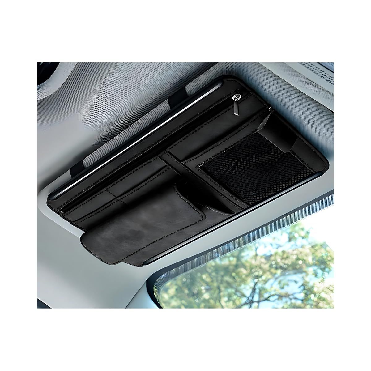 Car Sun Visor Organizer, Soft Leather Surface Eyeglasses Note Card Holder Car Storage Bag, Scratch-Resistant V1192-AZ-W-3083