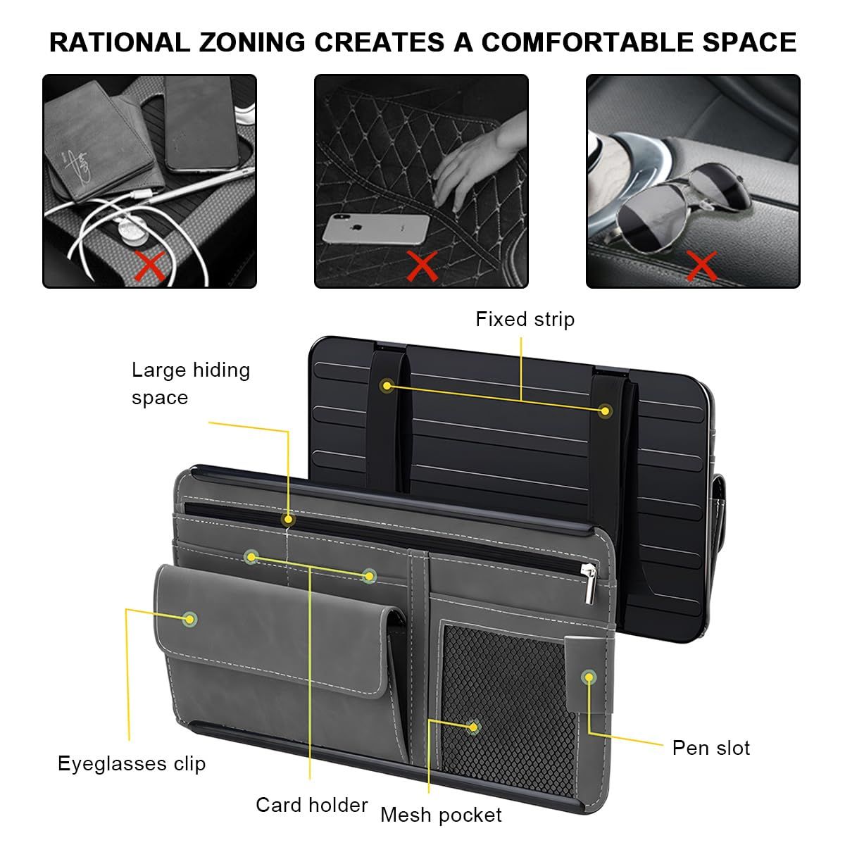 Car Sun Visor Organizer, Soft Leather Surface Eyeglasses Note Card Holder Car Storage Bag, Scratch-Resistant V1192-AZ-W-3083