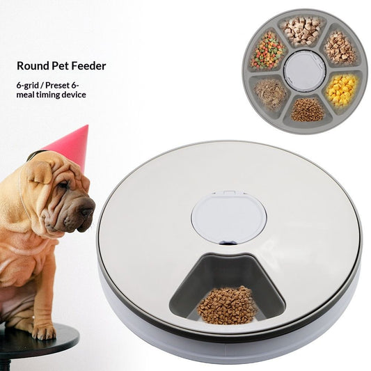 Automatic 6 Bowl Digital Timer-Controlled Pet Feeder - for Cats and Small Dogs, Wet or Dry Food Battery V1192-AZ-W-3159