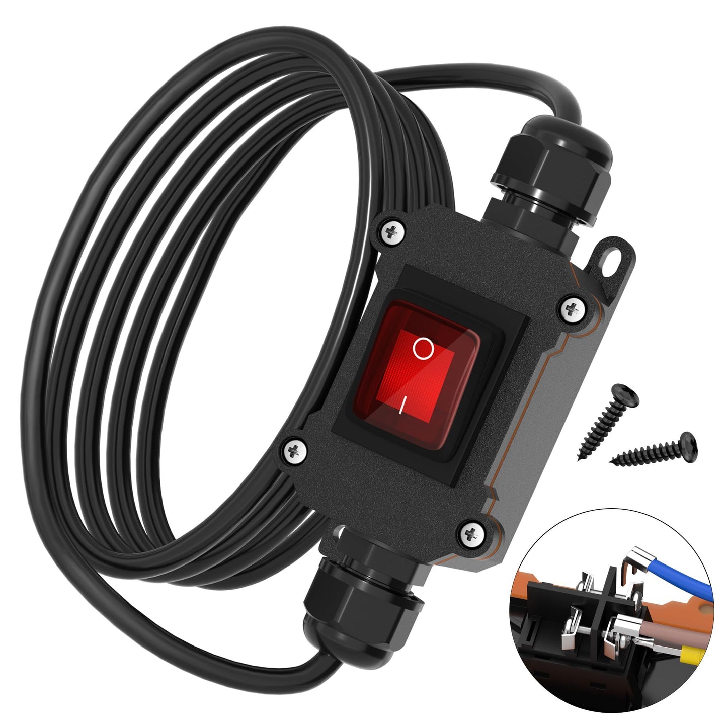 Inline Cord Switch 16A DC Waterproof Inline Switch IP66 Red Lighted with Wire Outdoor Inline Power Lamp V1192-AZ-W-3160