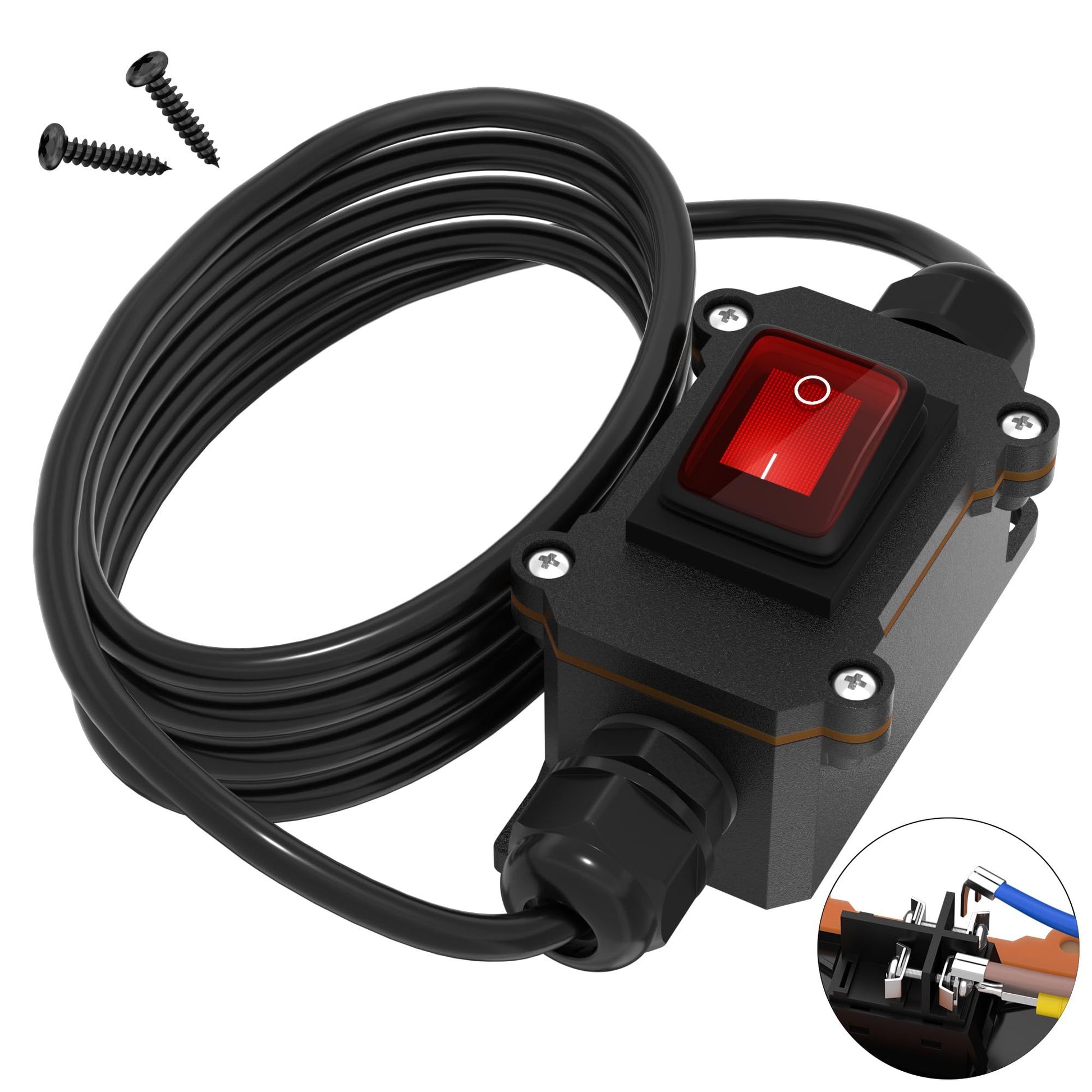 Inline Cord Switch 16A DC Waterproof Inline Switch IP66 Red Lighted with Wire Outdoor Inline Power Lamp V1192-AZ-W-3160