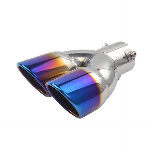 Inlet Dual Exhaust Muffler ,Chrome Exhaust ,Universal Bolt-On Double Tube Exhaust Muffler (Blue,Curved) V1192-AZ-W-3181