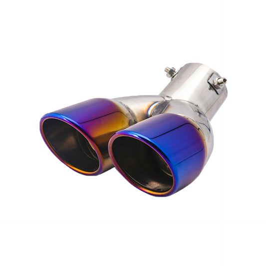 Inlet Dual Exhaust Muffler ,Chrome Exhaust ,Universal Bolt-On Double Tube Exhaust Muffler (Blue,Curved) V1192-AZ-W-3181