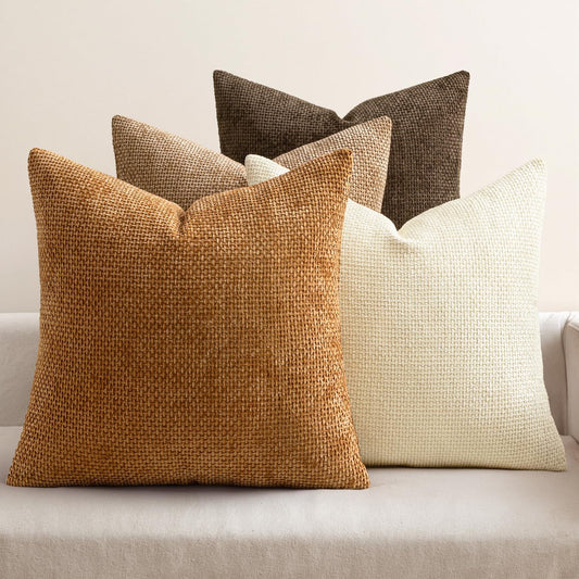 Pack of 4 Brown Couch Throw Pillow Covers 18x18 Inch Soft Decorative Chenille Pillows Farmhouse Accent V1192-AZ-W-3197