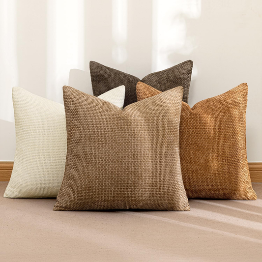 Pack of 4 Brown Couch Throw Pillow Covers 18x18 Inch Soft Decorative Chenille Pillows Farmhouse Accent V1192-AZ-W-3197