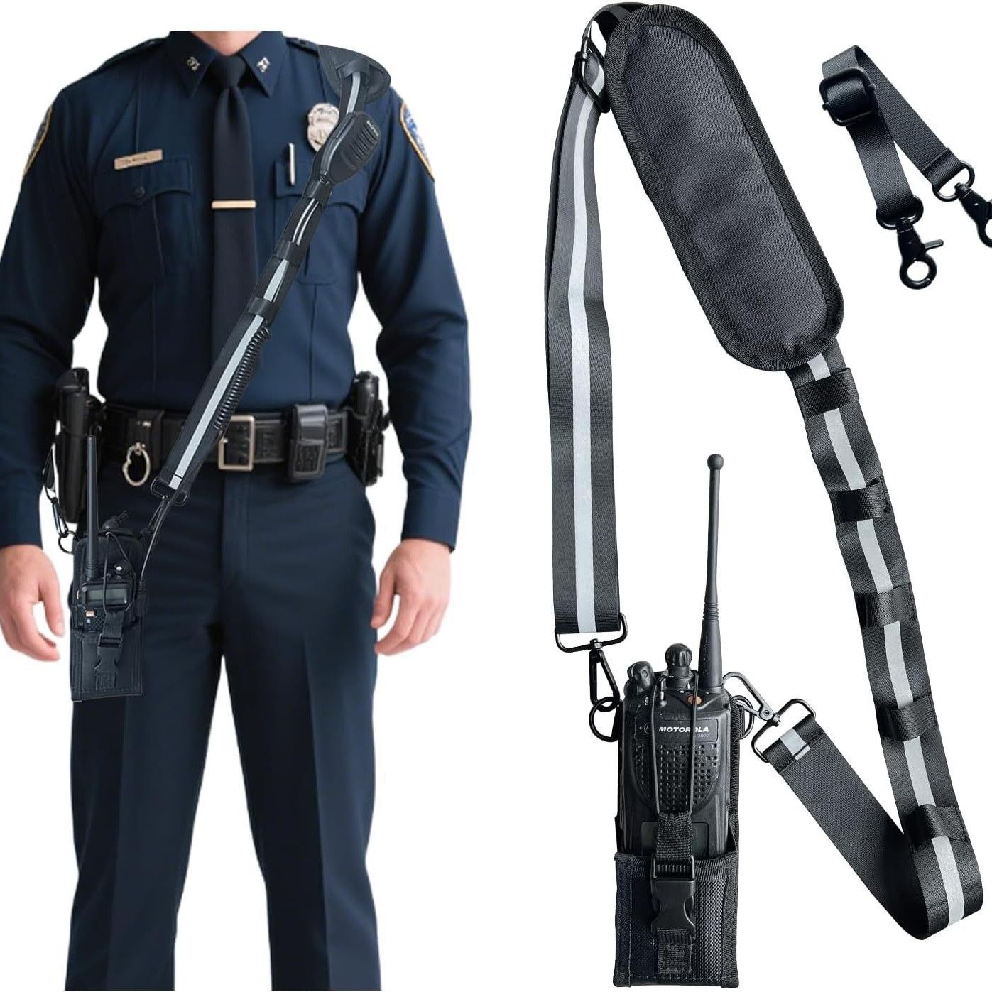 Radio Strap Holster With an Adjustable, Widened Shoulder Strap Featuring 3M Reflective Strips, a Mic Clip, V1192-AZ-W-3259