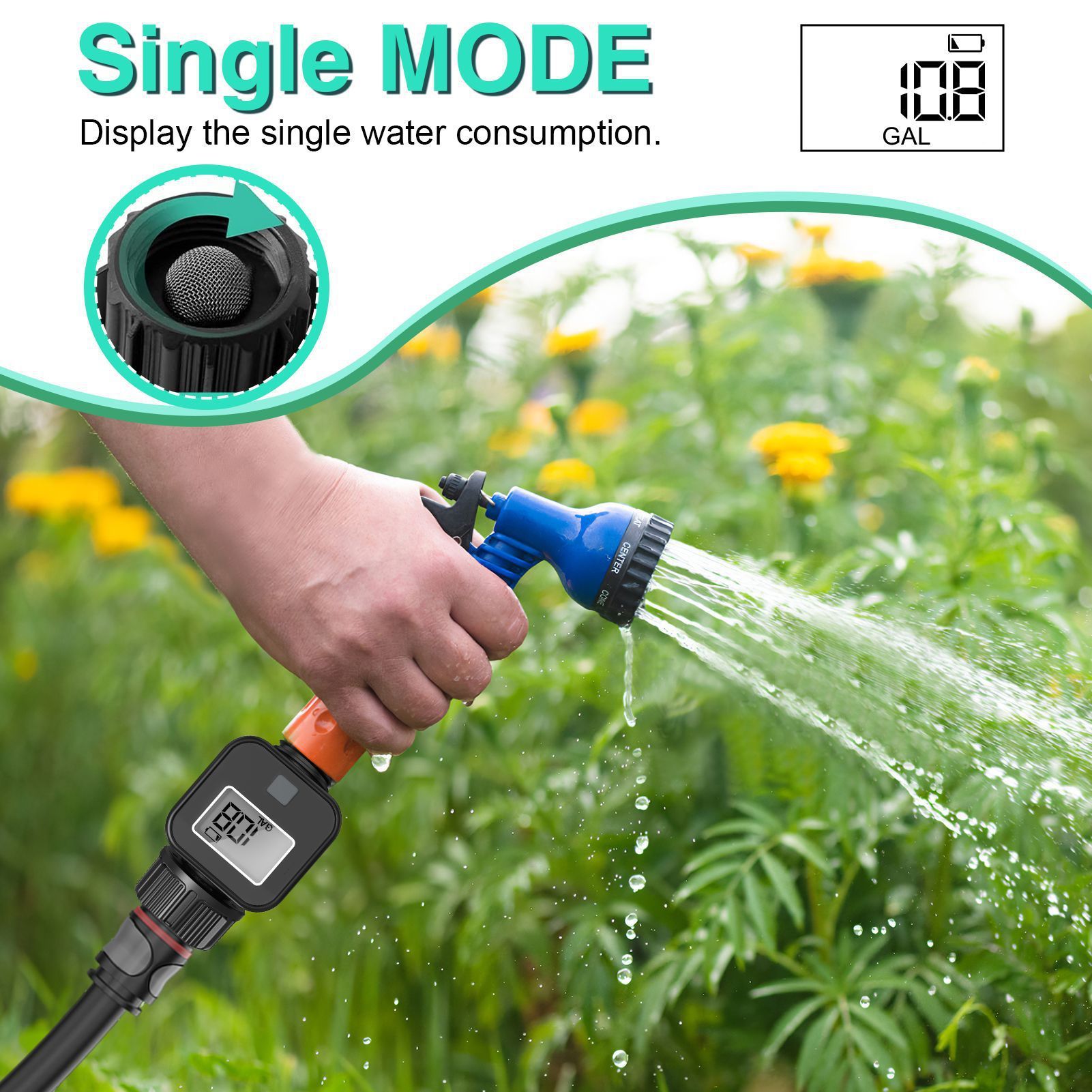 Digital Water Flows Meter for Outdoor Garden Hose Watering Irrigation Measuring Consumption Water V1192-AZ-W-3276