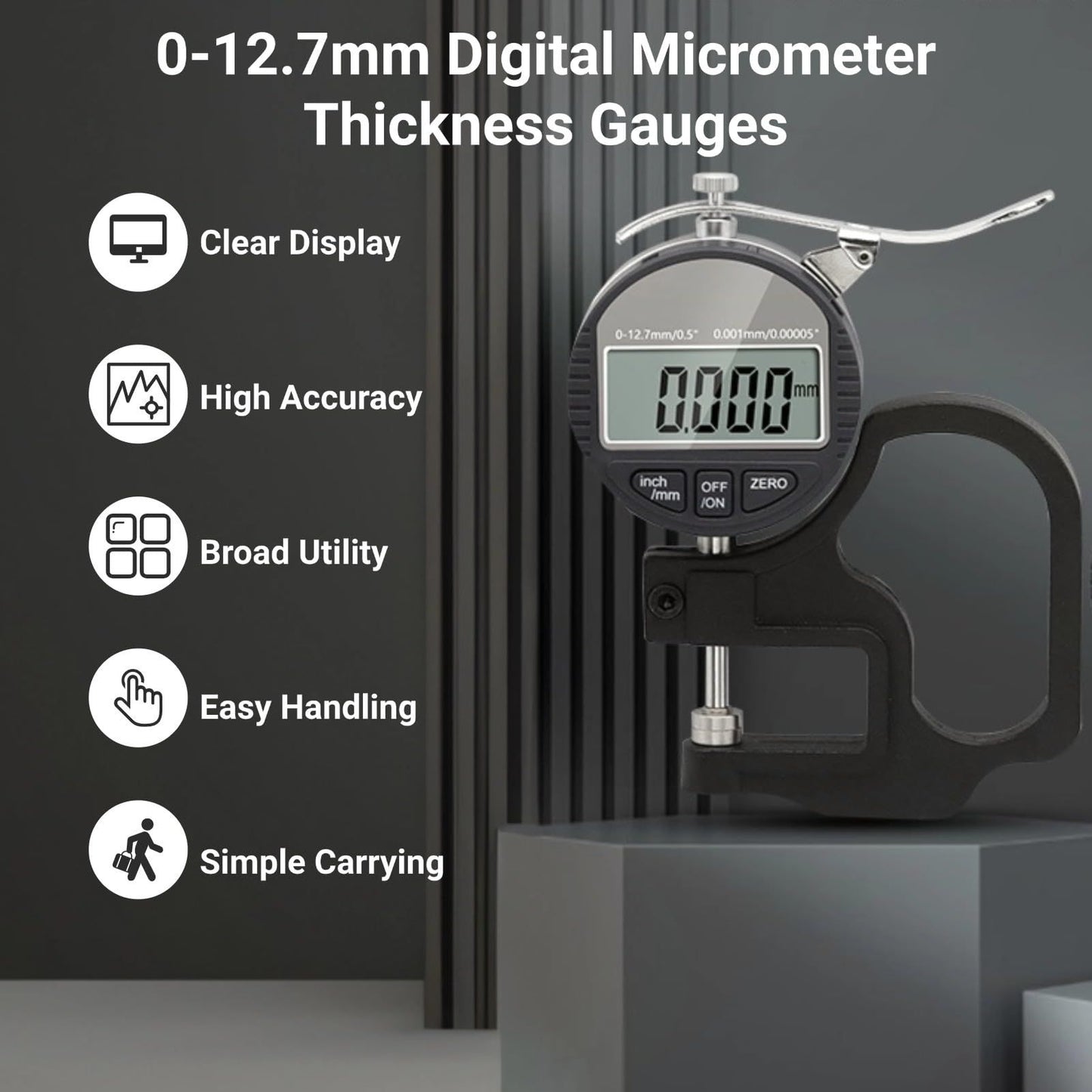 Digital Thickness Gauge, Thickness Micrometer Meter, 0 to 12.7mm Digital Display Measuring Tool with LCD V1192-AZ-W-3336