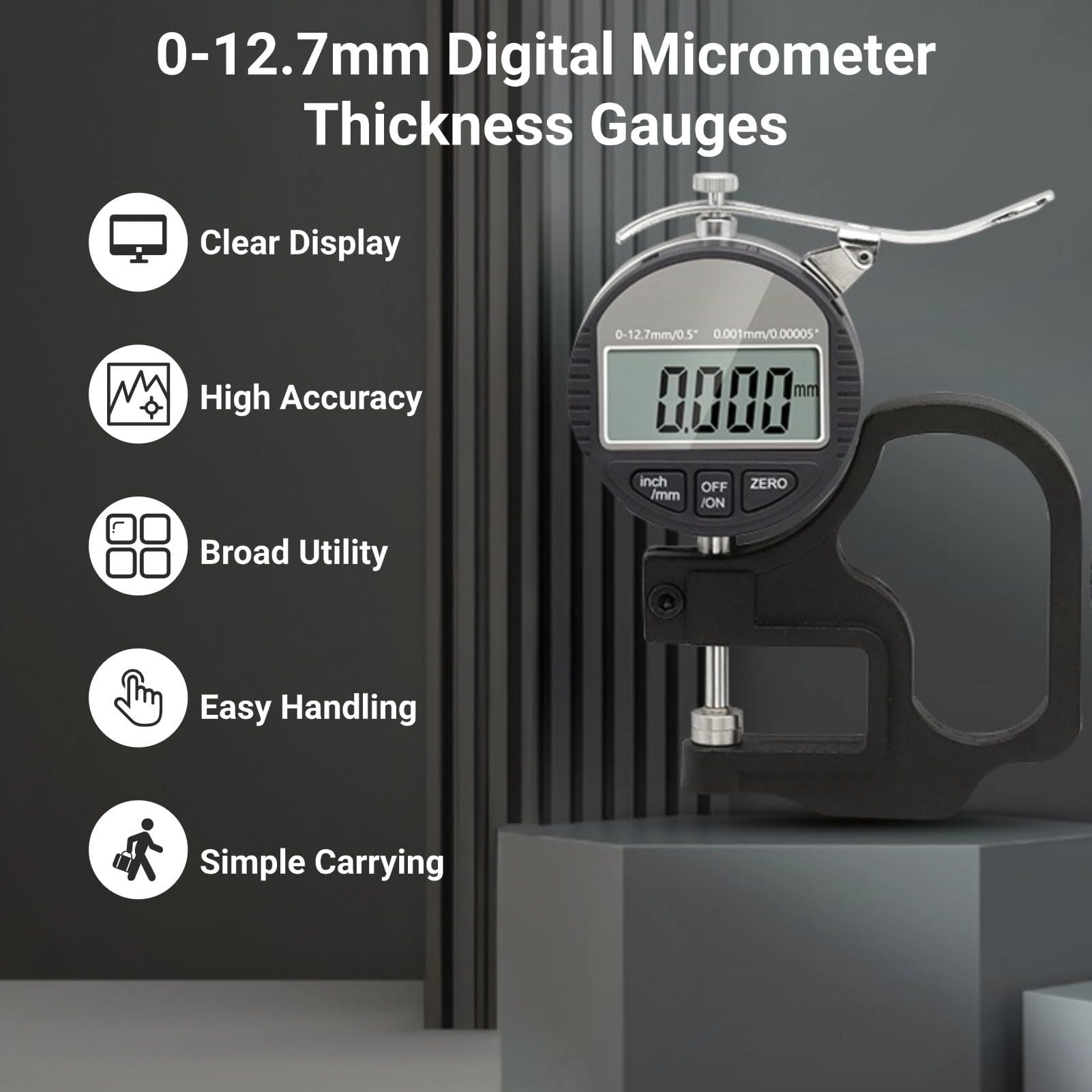 Digital Thickness Gauge, Thickness Micrometer Meter, 0 to 12.7mm Digital Display Measuring Tool with LCD V1192-AZ-W-3336