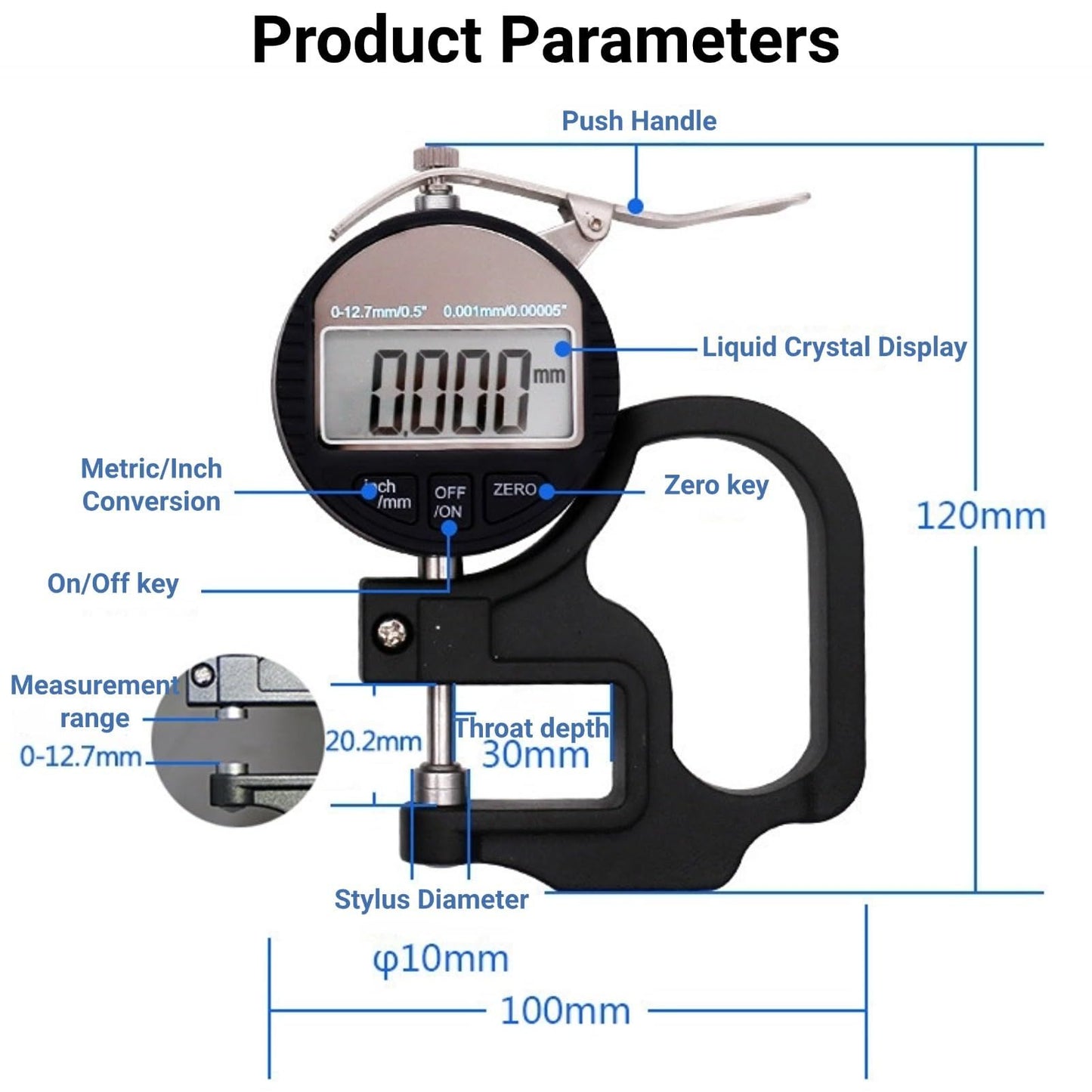 Digital Thickness Gauge, Thickness Micrometer Meter, 0 to 12.7mm Digital Display Measuring Tool with LCD V1192-AZ-W-3336