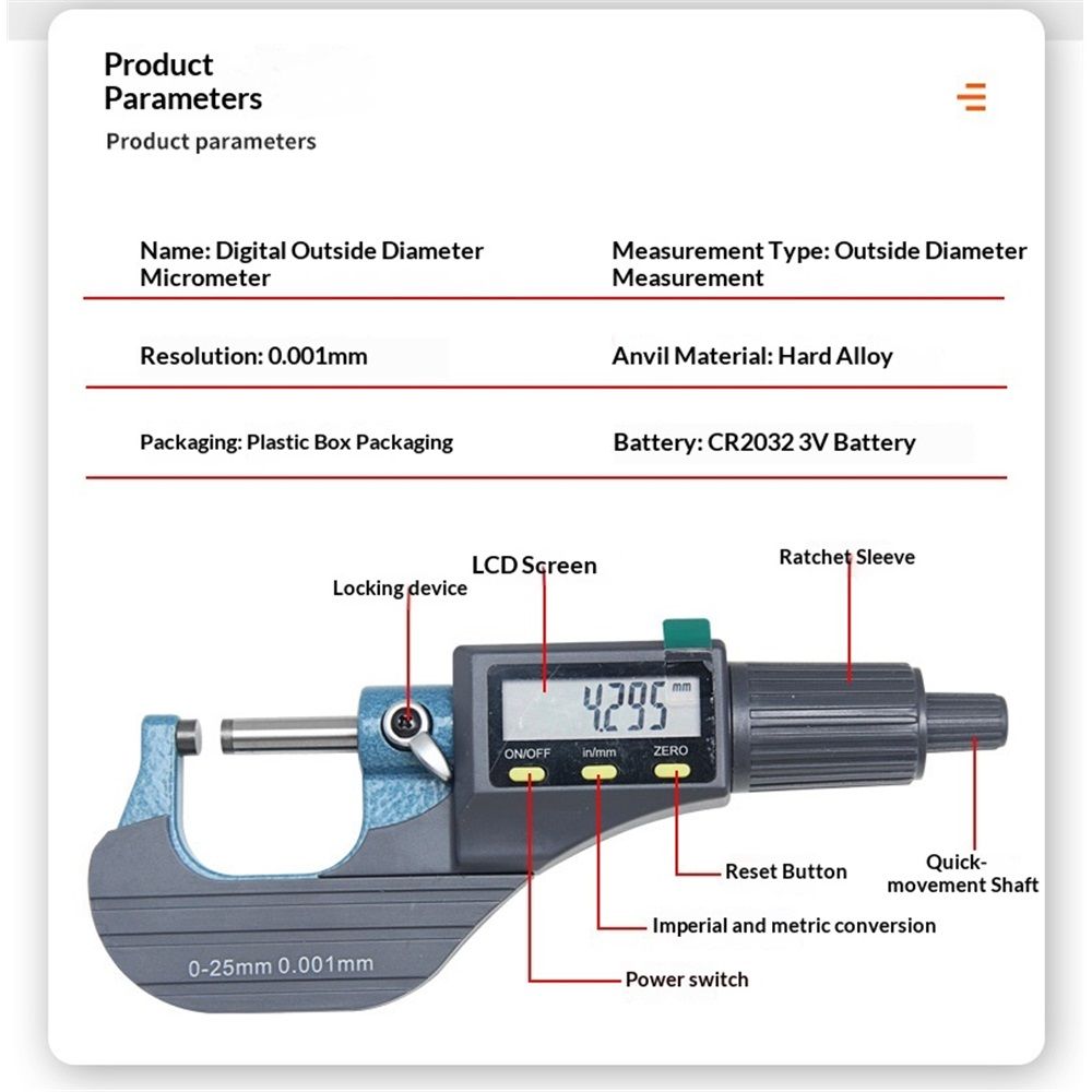 Digital Micrometer, Professional Inch/Metric Measuring Tools 0.001 mm Resolution Thickness Gauge, Protective V1192-AZ-W-3337