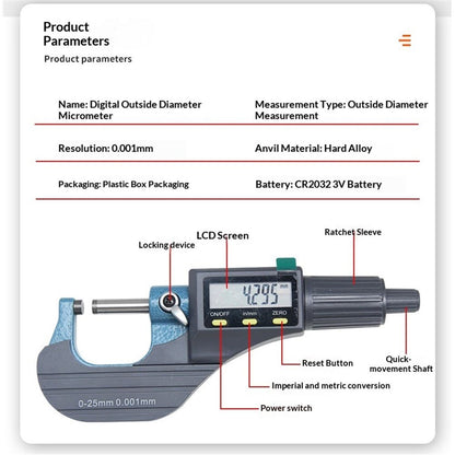 Digital Micrometer, Professional Inch/Metric Measuring Tools 0.001 mm Resolution Thickness Gauge, Protective V1192-AZ-W-3337