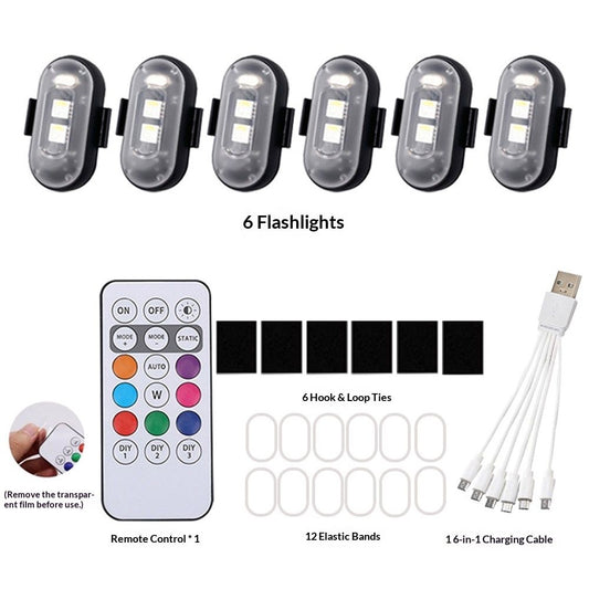 6PCS Wireless LED Lights for Car with Remote Control, Halloween Wireless LED Strobe Lights 8 Colors USB IP65 V1192-AZ-W-3373