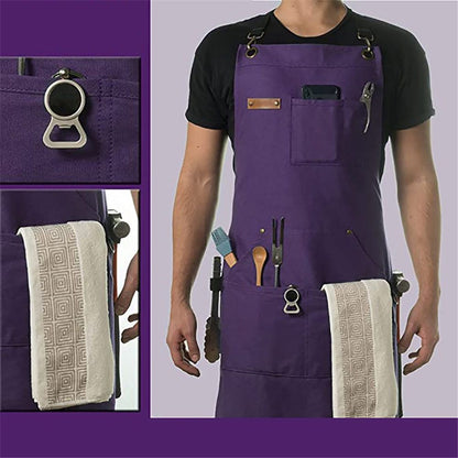 Chef and BBQ Apron - Canvas, Stainless Steel Hardware - Cross Back Straps(Purple, with only one apron) V1192-AZ-W-3387