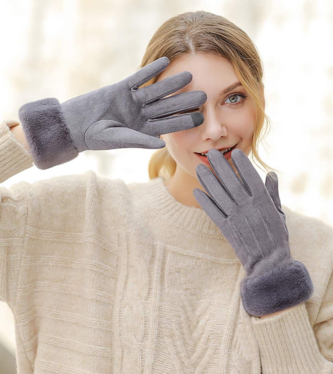 Women Winter Warm Touch Screen Soft Windproof Lined Thick Gloves for Snow Skiing in Clod Weather grey V1192-AZ-W-3404