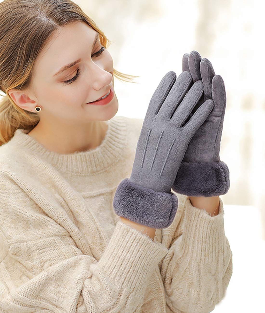 Women Winter Warm Touch Screen Soft Windproof Lined Thick Gloves for Snow Skiing in Clod Weather grey V1192-AZ-W-3404