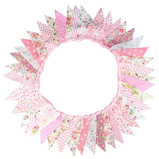 39Ft Pink Floral Fabric Bunting Banner Triangle Flag Party Decorations Hanging Cotton Rustic Vintage Flowers V1192-AZ-W-3406