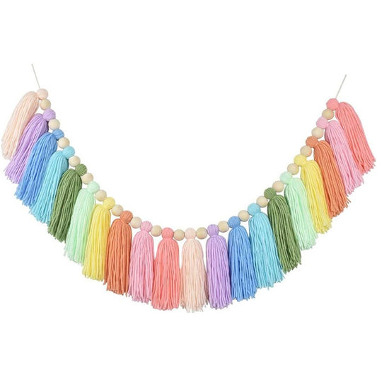 Pastel Rainbow Boho Tassel Garland - Handmade Colorful Yarn Banner for Nursery, Kids Bedroom, Baby Shower, V1192-AZ-W-3424