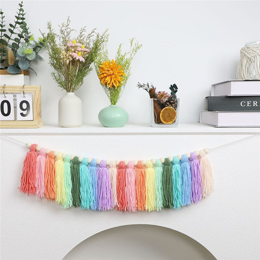 Pastel Rainbow Boho Tassel Garland - Handmade Colorful Yarn Banner for Nursery, Kids Bedroom, Baby Shower, V1192-AZ-W-3424
